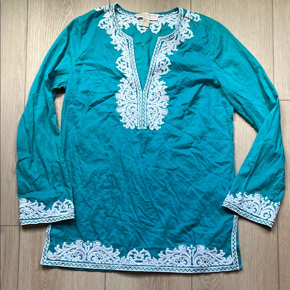 Michael Kors Blue Embroidered Long Sleeve Shirt Blouse Size Medium - Picture 1 of 5